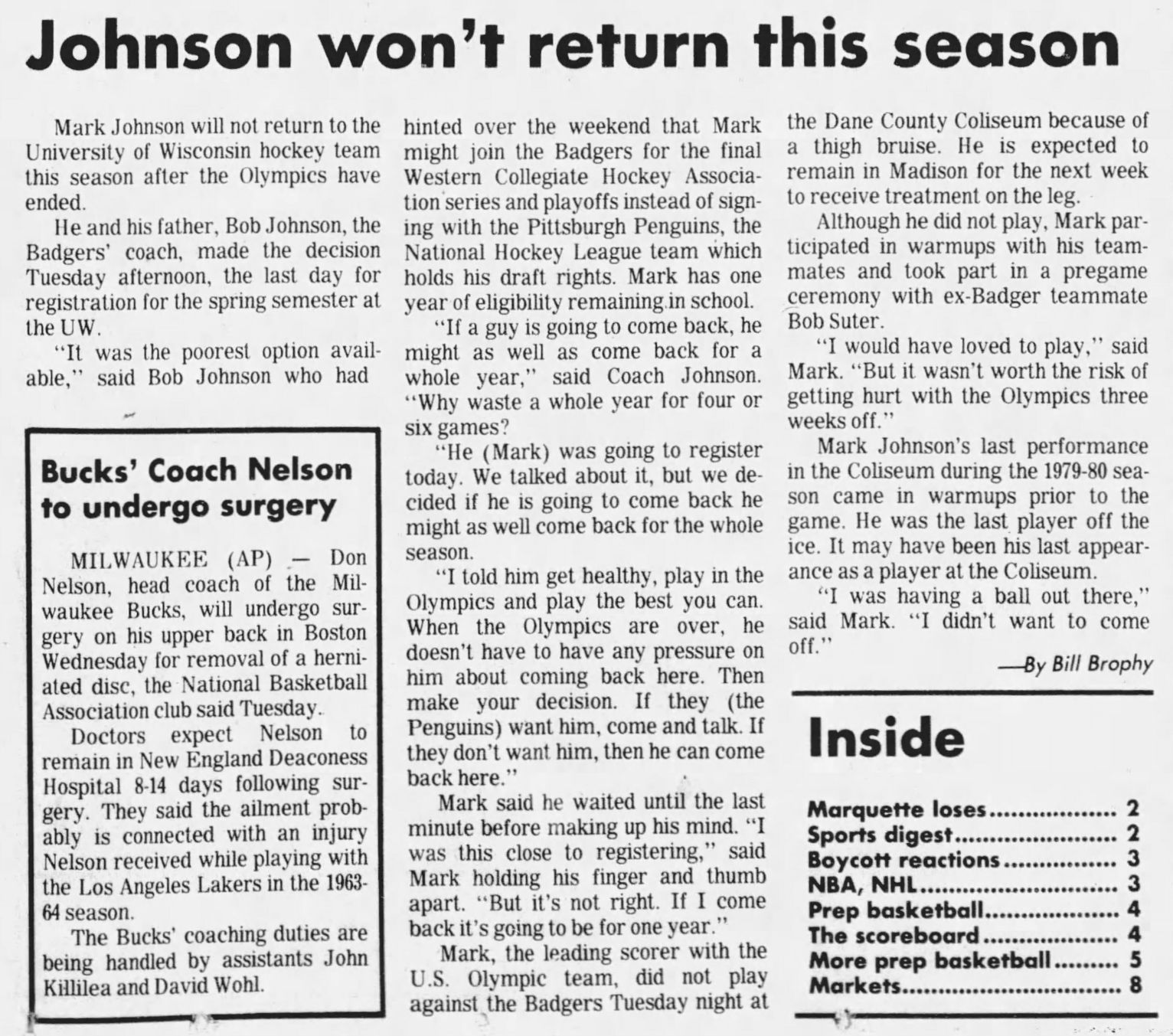 Story on Mark Johnson, Jan. 23, 1980
